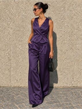 Jason Wu Purple Satin Double-Breasted Tuxedo Vest & Wide-Leg Trouser Set